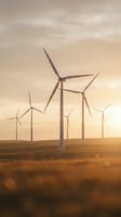 Wind turbines generating clean renewable energy at golden hour sunset with dramatic cloudy sky over rural landscape for sustainable power production.