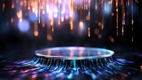 Glowing liquid droplets create mesmerizing ripples on reflective surface with magical light streaks falling from above, dramatic blue and orange atmospheric lighting.