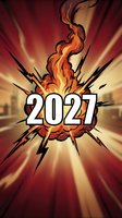 Comic book style explosion with 2027 text in bold white letters surrounded by orange flames and radiating energy beams on red gradient background.