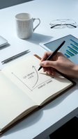 Business professional hand drawing growth chart in notebook with tablet showing analytics, coffee cup and glasses on white desk for strategic planning.