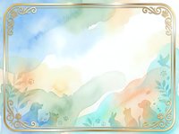 Watercolor landscape with rolling hills, soft pastel colors, and ornate gold decorative border frame, isolated on white background, suitable for invitations, cards, and design projects.