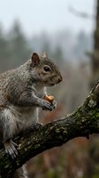 Gray squirrel sitting on tree branch holding nut in forest setting with blurred natural background for wildlife and nature content.