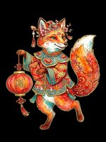 Ornate fox character wearing traditional Asian-inspired clothing and holding a decorative lantern, isolated on transparent background. Ready for t-shirt design, clipart, stickers, and print-on-demand projects.