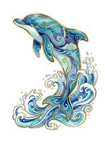 Decorative dolphin with ornamental swirls and waves in blue, teal, and gold tones, isolated on white background for design projects and merchandise applications.