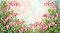 Watercolor bleeding heart flowers with pink heart-shaped blooms and lush green leaves on a soft pastel background, copy space for text.