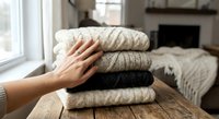 Woman's hand touching stack of folded knit sweaters on wooden table in cozy living room interior with natural light from window.