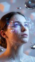 Young woman with digital circuit patterns projected on face looking up at floating spheres representing future technology and artificial intelligence.
