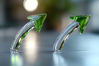 Curved glass arrows with green tips on reflective surface against blurred background, modern business growth concept for presentations and infographics.