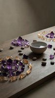 Amethyst and citrine crystals arranged on wooden surface with singing bowl for meditation, healing energy work, and spiritual wellness practices.