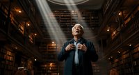Senior man in formal business attire standing in grand library with dramatic lighting, looking upward with confidence and inspiration in historic bookshelf setting.