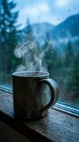 Steaming ceramic mug on a rainy window sill with misty forest and mountain view, evoking cozy autumn comfort.