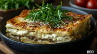 Traditional layered lasagna with melted cheese, ground meat sauce, and fresh arugula garnish served in cast iron skillet, close up view of Italian cuisine.