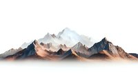 Majestic mountain range with snow-capped peaks and warm-toned rocky slopes against white background, isolated design element for creative projects.