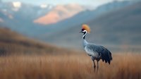 Majestic grey crowned crane standing in dry grass against blurred mountain landscape at sunset, soft lighting creates atmospheric nature scene.