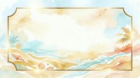 Watercolor beach scene with golden sand dunes, ocean waves, and palm trees in warm and cool tones, isolated on white background for design projects.
