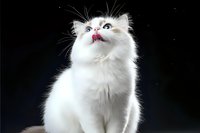 White Persian cat with pink nose looking up against dark background, displaying curious expression and fluffy fur coat. Perfect for pet care and animal content.