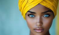 Young African woman wearing bright yellow headwrap against turquoise background, striking blue eyes and natural makeup in close-up portrait showing confidence and beauty.