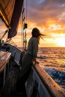 Young woman with long dark hair standing on sailing yacht deck at golden sunset, ocean waves and dramatic sky creating romantic maritime adventure scene.