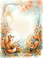 Watercolor autumn frame with two cute foxes, fall leaves, berries, and floral elements, copy space in center for text or design.