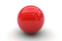 Bright red golf ball with dimpled surface isolated on white background, casting soft shadow. Clean minimalist sports equipment design for marketing materials.