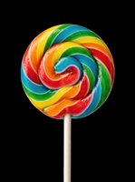 Colorful spiral lollipop with red, yellow, blue, green and orange swirls on wooden stick, isolated on transparent background. Ready for clipart, t-shirt design, stickers and print-on-demand products.