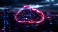 Glowing pink cloud computing symbol with network connections floating over dark cityscape background, representing digital transformation and cloud technology.