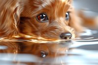 Long-haired brown dog with gentle expression lying down and looking at camera with reflection in water surface below.