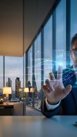 Businessman touching holographic digital interface with data analytics in modern office overlooking city skyline at sunset for technology presentations.