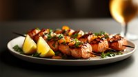 Grilled salmon fillets garnished with fresh herbs and lemon wedges on white plate, drizzled with honey glaze sauce against dark background.
