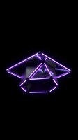 Neon glowing geometric pyramid structure with purple and pink light tubes forming interconnected triangular shapes against dark background for modern design projects.