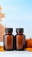 Two amber glass bottles with black caps on white surface surrounded by autumn leaves and pumpkins for seasonal wellness and aromatherapy products.