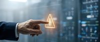 Businessman hand touching glowing triangle warning symbol in modern data center server room for cybersecurity alert and system monitoring concepts.