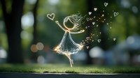 Magical fairy silhouette dancing in garden with glowing hearts and sparkles floating around her on blurred natural bokeh background. Whimsical fantasy art.