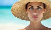 Young woman in straw sun hat enjoying summer beach vacation, with turquoise ocean background and natural glowing skin, radiating relaxation and wellness.