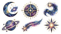 Celestial moon and star icons with galaxy patterns, compass rose, and cosmic elements isolated on white background for astrology, spirituality, and design projects.