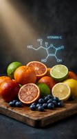Fresh citrus fruits and blueberries on wooden board with vitamin C molecular structure overlay for health nutrition education and dietary supplement concepts.