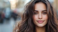 Young woman with natural makeup and wavy brown hair smiling at camera against blurred urban background, soft evening lighting creates warm atmosphere.