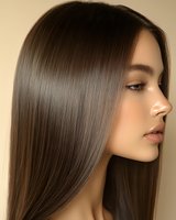 Young Asian woman with long straight brown hair in profile view showing smooth, glossy hair texture and natural makeup for beauty and haircare advertising.