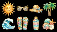 Sunny beach vacation collection with smiling sun character, sunglasses, straw hat, palm tree, ocean wave, colorful flip flops, sunscreen bottle, and seashell elements isolated on transparent background for t-shirt design, clipart, stickers, and print-on-demand products.