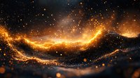 Glowing golden particles form cosmic wave against dark background, creating magical atmospheric effect with sparkles and light trails in space.