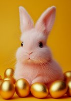 White fluffy bunny surrounded by golden eggs on vibrant yellow background, creating magical Easter composition with soft fur texture and warm lighting.