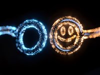 Glowing neon smiley face with blue and gold light trails against dark background creates magical bokeh effect for festive mood and party atmosphere.