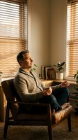 Caucasian middle-aged man meditating in leather armchair by sunlit window, eyes closed, calm and mindful at home.