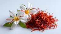 Dried saffron threads with fresh white saffron flowers and green leaves on light background, culinary ingredient for gourmet cooking and traditional dishes.