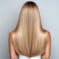 Back view of straight blonde hair on Caucasian woman wearing white top against gray background, showing smooth, glossy texture and professional salon styling result.