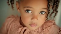 Young mixed-race girl with curly hair and green eyes wearing pink lace dress looking directly at camera with serious expression in soft natural lighting.