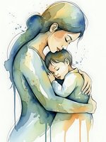 Watercolor mother embracing sleeping child with tender love, soft blue and green tones, maternal bond illustration for family concepts and parenting designs.