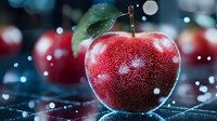 Fresh red apple with water drops on dark background with bokeh lights and reflective surface, creating magical atmosphere for food photography.