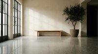 Modern minimalist interior with wooden bench and potted olive tree in sunlit room with large windows and polished concrete floor for contemporary design.
