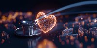 Medical stethoscope with glowing heart shape against dark background with bokeh lights, representing healthcare, cardiology and patient care.